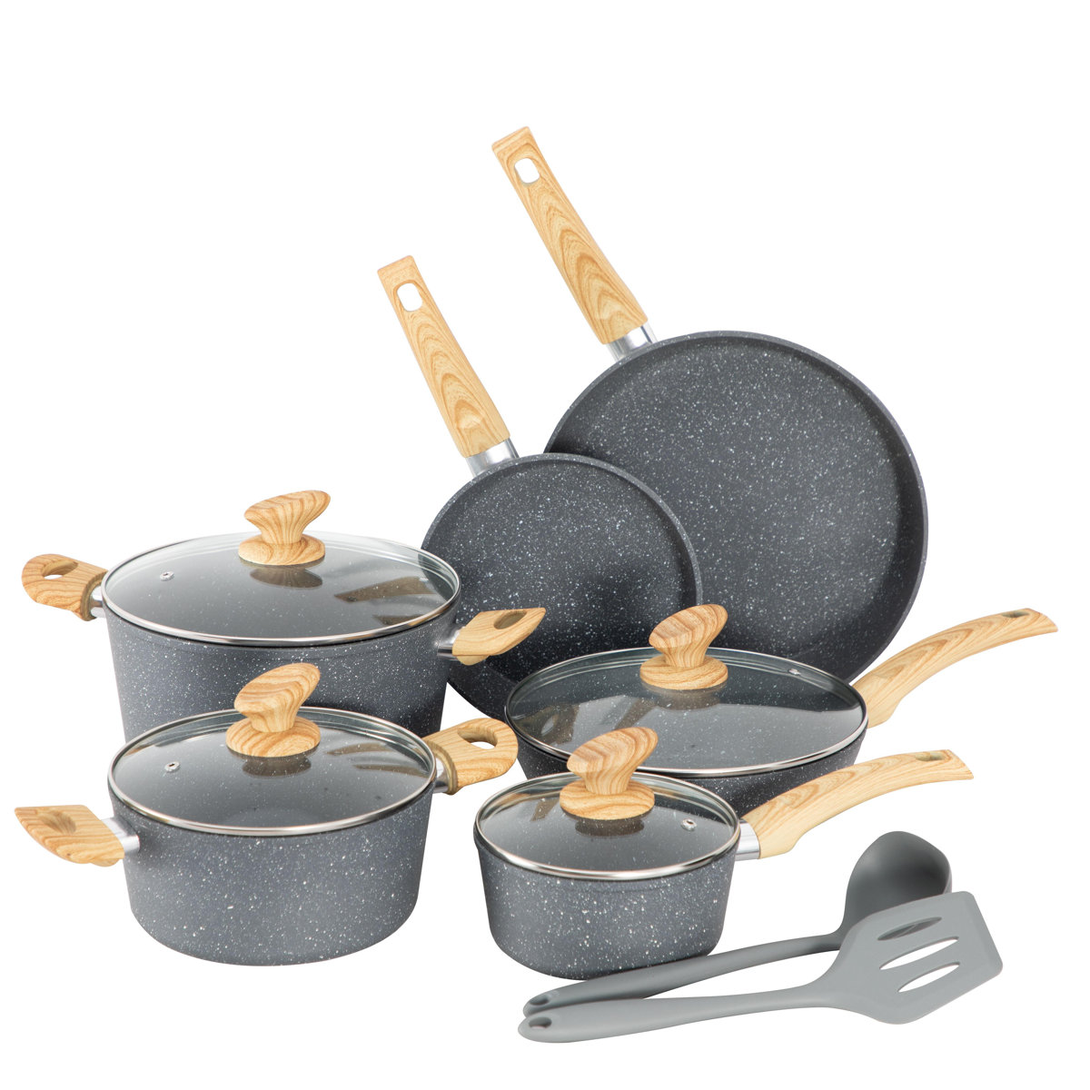 12 Piece Granite Black Nonstick kitchen Cookware Induction Pots and Pans Set